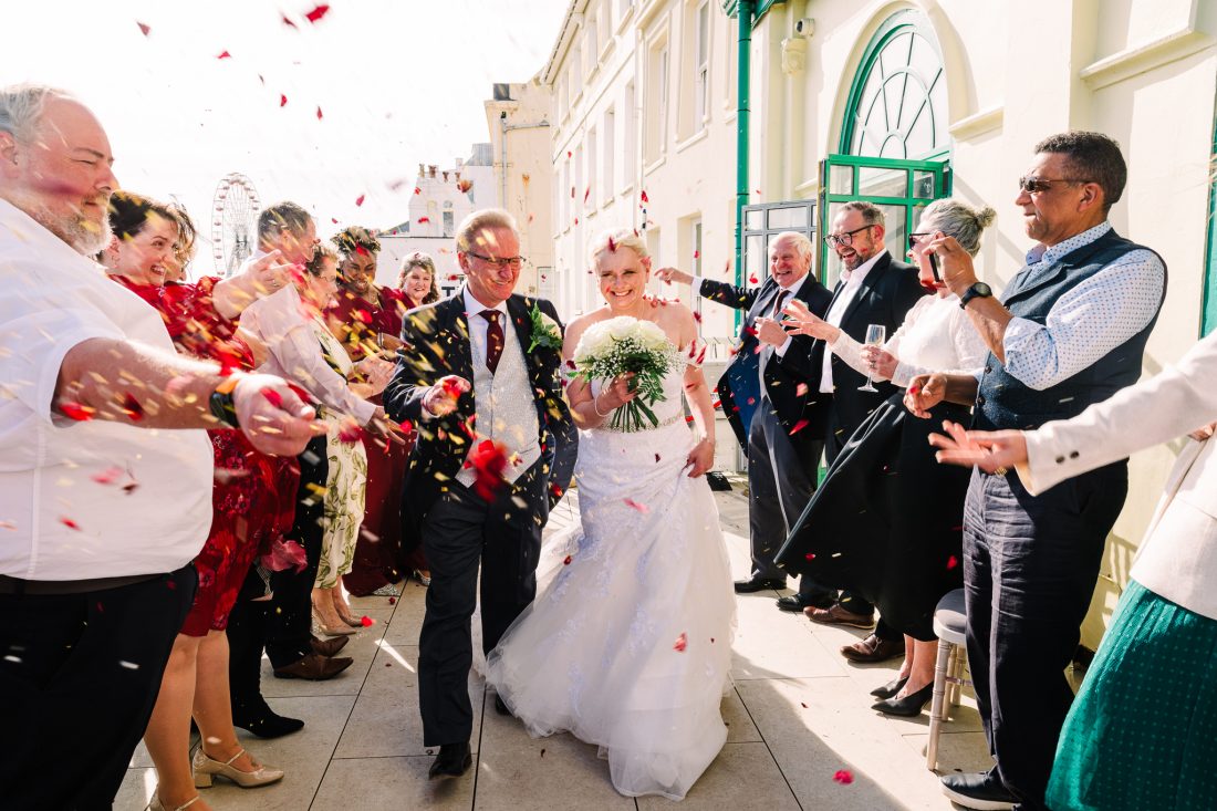 Confetti arch on the balcony at Worthing Dome wedding