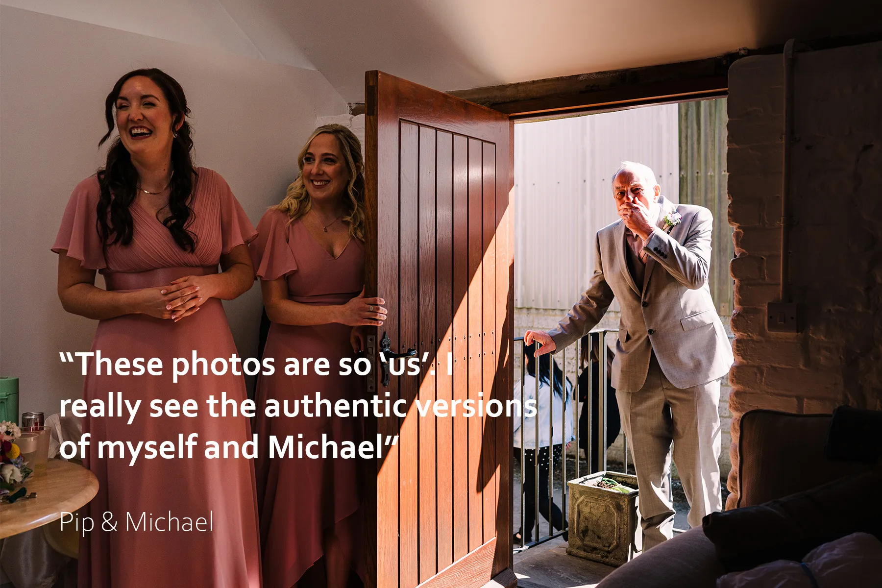 Father of the bride gasps at seeing his daughter in her wedding dress at Fitzleroi Barn wedding