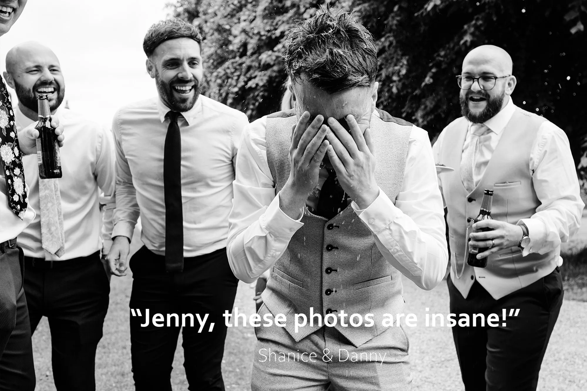 Wedding guest's face is dripping with water at Tithe Barn wedding and his friends are laughing at him in the background